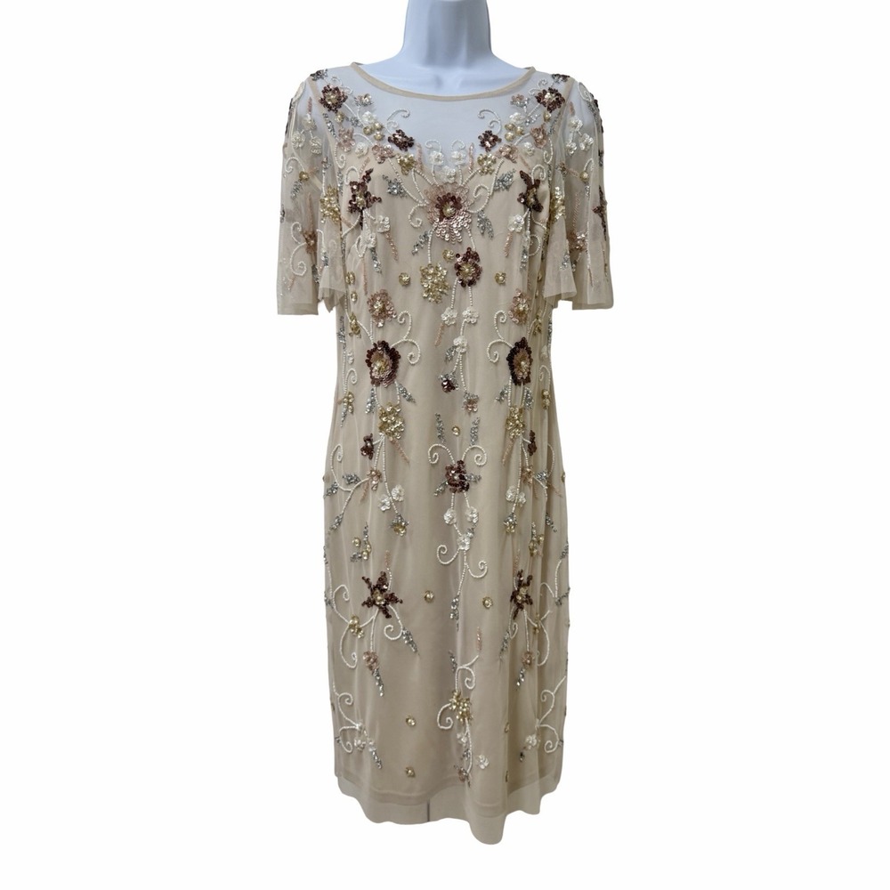 Adrianna Papell Sequin Beaded Sheath Dress‎ Size 6 Alabaster Special Occasion